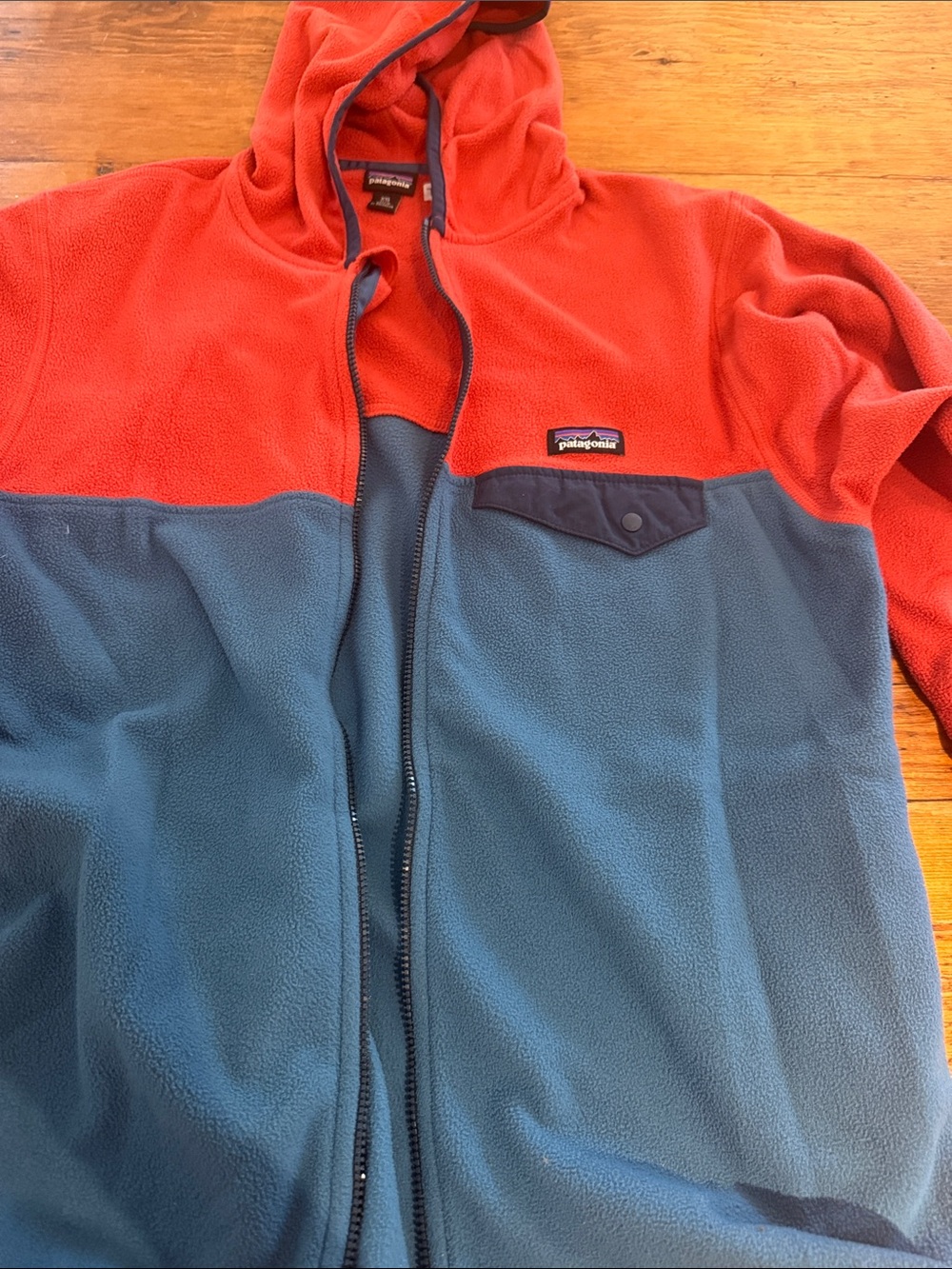 Patagonia Two-Tone Hooded Fleece Jacket - Red & Blue
